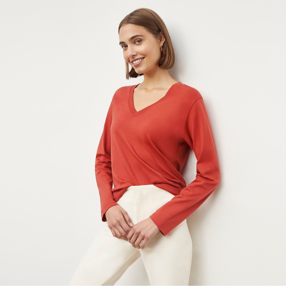 MM LaFleur Asher T-Shirt Long Sleeve V-Neck Pima Cotton in Sunset Color